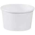 A plain, white, cylindrical paper cup with smooth sides and no lid rests on a white backdrop, much like the versatile MH-USA Soup Containers - 8 oz. (500/Case).