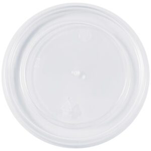 A clear, round plastic lid with a slight edge securely fits MH-USA Soup Container Lids, 8 and 12 oz. (500/Case), featuring a smooth surface with a faint recycling symbol and an embossed code in the center.