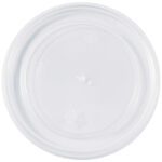 A transparent, circular plastic lid designed for MH-USA Soup Container Lids - 16 and 32 oz. (500/Case) features faint surface ridges and markings when viewed from above.