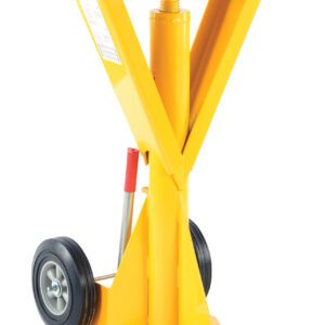 Meet the Vestil Stabilizing Spin Top Beam Jack 40,000 Lb: a sturdy yellow industrial jack stand with a triangular frame and black wheels. It boasts a central hydraulic mechanism and red-tipped top handles for effortless maneuvering, ideal for heavy-duty tasks.