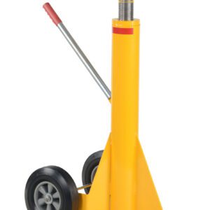 The Vestil Stabilizing Ratchet Jack 50,000 Lb features a yellow heavy-duty design with a screw mechanism, two black wheels, and a red-handled lever for lifting. Its triangular base offers stability to support heavy machinery or vehicles.