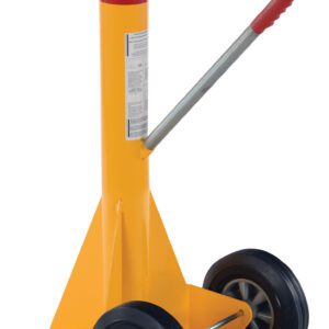 The Vestil Stabilizing Ratchet Jack 40,000 Lb includes a bright yellow hydraulic jack stand with two black wheels, a long grey handle, and a triangular base for stability. Its sturdy design features a round lifting plate for heavy loads while ensuring mobility.