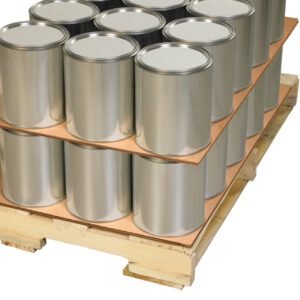 A pallet holds two layers of large, cylindrical metal cans with lids, arranged in a grid and divided by MH-USA 36 x 36 Double Wall Corrugated Sheets (5/Bundle) for stability before being set on the wooden pallet.