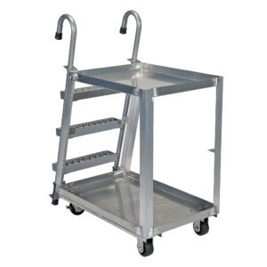 The Vestil Stock Picker Aluminum 22 x 36 cart features two shelves, top handles, wheels, and an angled ladder. With a 660 lb capacity, its silver metal frame ensures efficient transport and sleek industrial design.