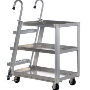 The Vestil Stock Picker Aluminum 22 X 36 is a metal utility cart with three open shelves, two sturdy handles, smooth caster wheels, and an aluminum ladder. It features a shiny industrial finish and supports up to 1000 lbs effortlessly with dimensions of 22 x 36 inches.