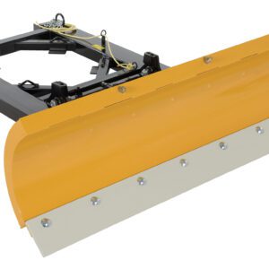 The Vestil Snow Plow Blade 6Ft, 5.5In Max Fork Width, features a yellow blade on a black metal frame with chains and connectors for easy vehicle attachment, designed to clear snow efficiently against a white background.