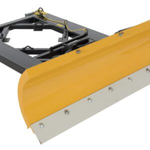 The Vestil Snow Plow Blade 6Ft 7.5In Max Fork Width features a yellow blade with a black frame and hydraulic components, designed for efficient snow clearing with its angled structure and metallic edge.