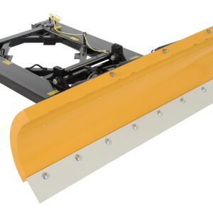 The Vestil Snow Plow Blade, designed for a max fork width of 7 ft 7.5 in, features a yellow blade on a black metal frame with visible hydraulics and wiring. Its wide, slightly curved structure is optimized for clearing snow and looks new and unused.