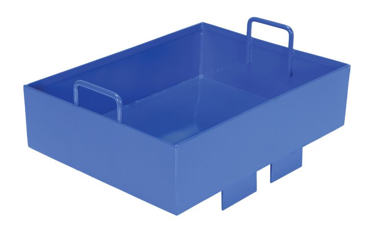 A blue rectangular metal container resembles a utilitarian Vestil Optional Weight-Fork Mount Snow Blade, featuring two upright handles on opposite sides and two slots at the bottom, with an unadorned interior.