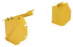 Two yellow metal brackets, akin to the Vestil End Plates for Snow Plow Blades, are displayed on a white backdrop. The larger has multiple slots and bolt holes; the smaller features a solid design with angled edges and flat surfaces.