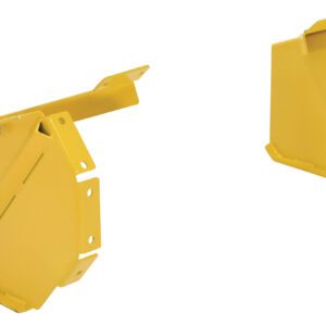Two yellow metal brackets, akin to the Vestil End Plates for Snow Plow Blades, are displayed on a white backdrop. The larger has multiple slots and bolt holes; the smaller features a solid design with angled edges and flat surfaces.