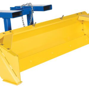 The Vestil Fork Mount Snow Plow Push Box 72 In Wide features a yellow and blue design with a strong chain and metal connectors. Its yellow blade is designed for efficient snow removal, with angled ends for optimal clearing, while the blue frame securely mounts to the vehicle.