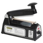 The MH-USA 4 Impulse Sealer, a black and silver Powaseal heat sealer, includes operating instructions and UL safety certification. It features a top handle for pressing to efficiently seal plastic bags.
