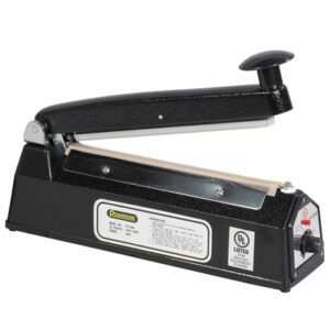 The MH-USA 8 Impulse Sealer features a sleek black design, lever handle, user-friendly controls, and a side label with brand information and safety certifications.
