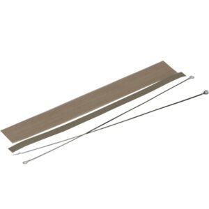 Close-up of three flat, elongated metal strips from the MH-USA 8 Impulse Sealer Service Kit, set against a white background. The strips include small loops at the ends and differ in width: two are thin while one is wider.