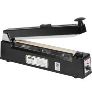 The MH-USA 12 Impulse Sealer with Cutter is a black device with a straight sealing bar, side control panel, top handle, and labels showing specifications and safety certifications.