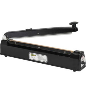 The MH-USA 16 Impulse Sealer with Cutter is a sleek black device featuring an open arm and sturdy rectangular base, complete with a front control knob and power indicator. Its perfect for efficiently sealing plastic bags.