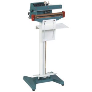 The teal and white MH-USA 18 Foot Operated Impulse Sealer features a foot pedal, an upright stand, and a horizontal sealing bar, making it ideal for efficiently sealing plastic bags and packaging materials.