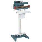 The teal and white MH-USA 24 Foot Operated Impulse Sealer features a flat base, vertical stand, adjustable sealing arm, and a platform for supporting materials, allowing for efficient hands-free sealing.