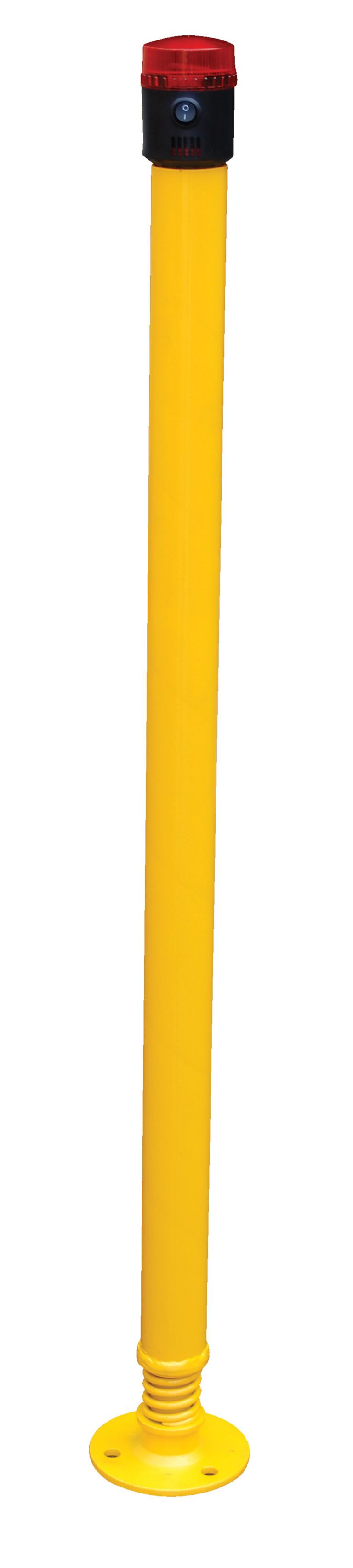 SPBOL-42-BL_A.jpg The 42-inch Vestil Spring-Loaded Bollard Beeper/Strobe features a yellow cylinder with a red light in black housing on its base, perfect for industrial or construction use.