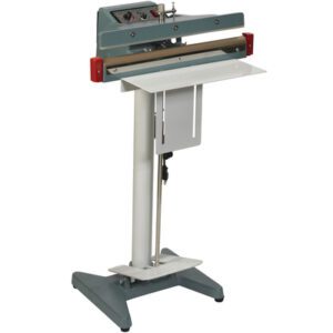 The MH-USA 18 Wide Seal Foot Operated Impulse Sealer features a durable green body with red accents, a convenient foot pedal, and is mounted on a gray stand with a white platform, making it ideal for efficiently sealing plastic bags.