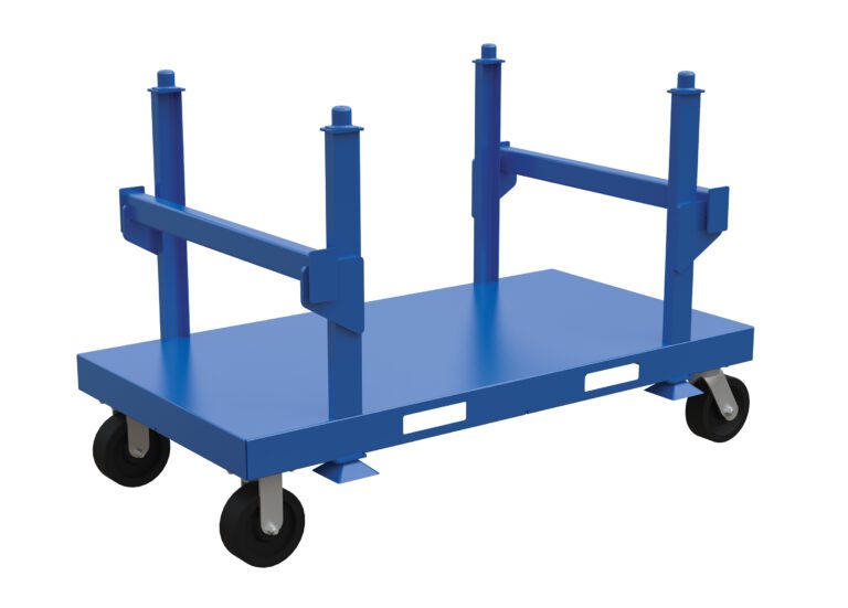 SPC-3668-2L_A.jpg The blue Vestil Heavy Duty Stackable Material Cart is a four-wheeled platform with vertical corner supports and a flat rectangular surface, ideal for efficient transport in industrial or warehouse environments.