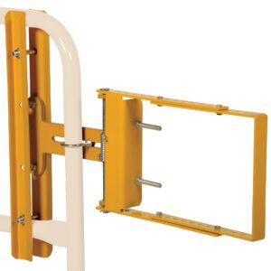 A yellow and white metal bracket, similar to the Vestil Yellow Self-Closing Gate 16 To 26 In, features multiple bolt holes and is mounted on a white frame, perfect for attaching equipment or supporting structures.