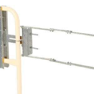 The Vestil Galvanized Self-Closing Gate 24 To 40 In features a metallic frame on a rectangular bracket with a hinged mechanism, an adjustable arm or support extending from 24 to 40 inches, and is attached to a vertical rod.