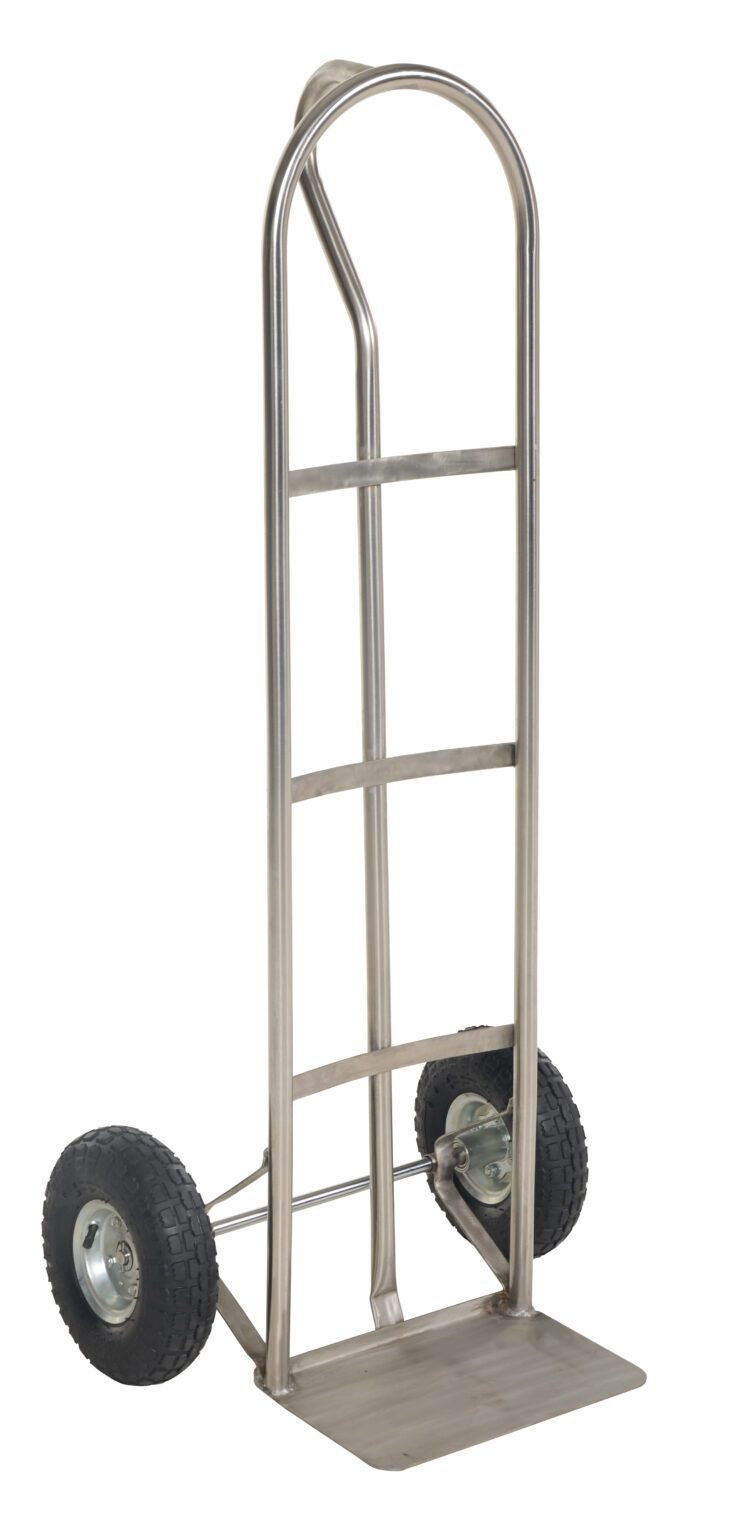 The Vestil Ss P-Handle Truck 500Lb Pneumatic Wheels is a silver metal hand truck with two large pneumatic rubber wheels, featuring a vertical frame with horizontal supports and a flat loading base, effortlessly supporting up to 500 lbs.