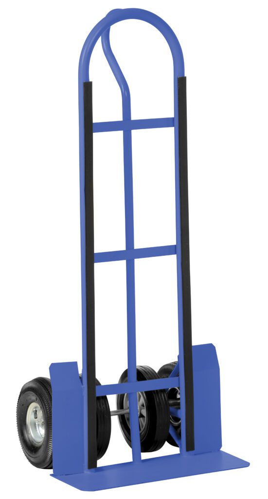 The Vestil Steel P-Handle Truck 600 Lb Dual Wheels sports a blue design with a curved handle and dual wheels, supports up to 600 lbs, has a flat base for loading, and vertical bars for support. It stands upright against a white background for versatile use.