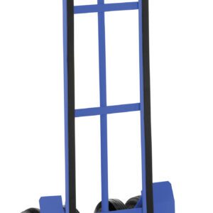 The Vestil Steel P-Handle Truck 600 Lb Dual Wheels sports a blue design with a curved handle and dual wheels, supports up to 600 lbs, has a flat base for loading, and vertical bars for support. It stands upright against a white background for versatile use.