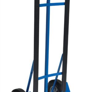 The Vestil HD P-Handle Truck 600 Lb Hard Rubber features a blue frame with two wheels and a flat base, allowing effortless lifting of up to 600 lb. With black grips and hard rubber tires, it ensures easy handling and stability for moving heavy items.