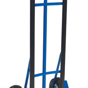 The Vestil Hd Steel P-Handle Truck 600 Lb Pneumatic is a durable hand truck with a blue frame, dual black handles, and strong pneumatic wheels, designed for transporting up to 600 lbs effortlessly.