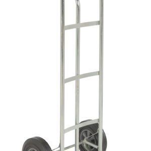 Introducing the Vestil Steel P-Handle Truck 500 Lb Hard Rubber, featuring a flat base and two durable black rubber wheels for easy maneuvering, designed to effortlessly transport heavy items up to 500 lbs.