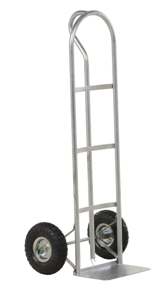 SPHT-500S_A.jpg The Vestil Steel P-Handle Truck 500 Lb Pneumatic has a utilitarian design with two black rubber wheels, a vertical handle, and a flat loading base. Its durable and perfect for heavy items with its robust build that can transport up to 500 lbs using pneumatic tires.