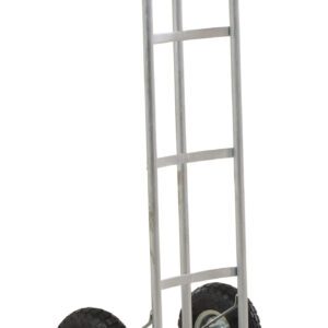 The Vestil Steel P-Handle Truck 500 Lb Pneumatic has a utilitarian design with two black rubber wheels, a vertical handle, and a flat loading=