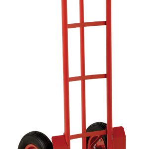The Vestil Steel P-Handle Truck 600 Lb Pneumatic comes in red, featuring two black pneumatic wheels, a strong frame, and a flat base for lifting and transporting items. It has visible vertical bars and a handle, supporting up to 600 lbs effortlessly.