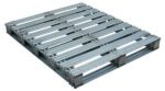 The Vestil Galvanized Finished Steel Pallet 40 X 48 is designed for industrial use with its sturdy silver metal grid structure featuring evenly spaced bars and an elevated design for forklift access.