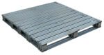The Vestil Galvanized Finished Steel Pallet 48 X 48 boasts a durable grid of metal bars on a strong rectangular frame, ideal for industrial use. Its shiny, reflective metal and open slots on each side ensure easy forklift access, optimizing durability and efficiency.