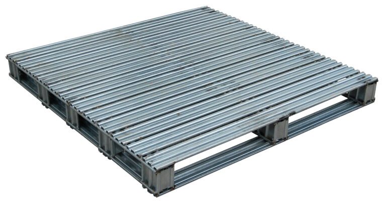 The Vestil Galvanized Finished Steel Pallet 48 X 48 boasts a durable grid of metal bars on a strong rectangular frame, ideal for industrial use. Its shiny, reflective metal and open slots on each side ensure easy forklift access, optimizing durability and efficiency.