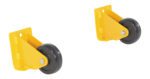 Two Vestil Step components, featuring yellow gate wheels with black rubber tires and metal brackets, are designed for easy installation and retrofit. Each wheel offers a mounting hole for enhanced portability. Displayed on a white background, they are ideal for nestable systems.