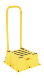 The Vestil Step Poly 1 Step Stool in bright yellow includes a tall handlebar, a textured surface with black non-slip strips, and a convenient cutout for easy carrying. Its sturdy base ensures its safe and perfect for various tasks.