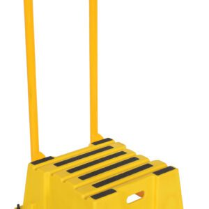 The yellow Vestil Step Poly Nestable 1 Step stool has a tall handle for stability, black non-slip strips on top for safety, and a side cut-out handle for easy portability.