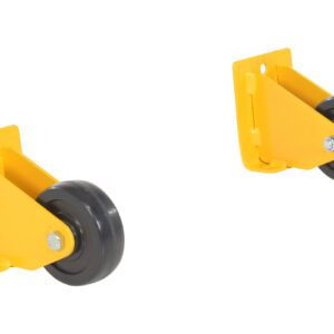 Two yellow swivel casters from the Vestil Step Poly Nestable series with black wheels are set against a white background. Each caster has a bracket with a mounting hole and a bolt for the wheel, facilitating easy portability and retrofit solutions.