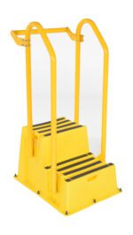 The Vestil Step Poly Nestable 2 Step Yl W/Hand&Back Rails ladder is yellow and durable, featuring black non-slip strips on each step. Designed for industrial or mechanical use, it includes hand and back rails for added safety.