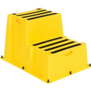 The Vestil Step Poly Nestable 2 Step Yl is a yellow plastic two-step stair block with black anti-slip strips, side handles, and a wide base with stabilizing supports for enhanced safety and convenience.
