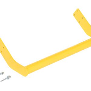 The Vestil Step Poly Nestable 3Yl Backrail Retrofit includes a yellow metal bracket with a cylindrical crossbar and flanged ends with holes. It comes with two U-shaped bolts and nuts, perfect for mounting. Efficiently designed for storage, its isolated on a white background.