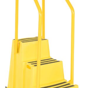 The Vestil Step Poly Nestable 3 Step Yl W/Handrails Port is bright yellow with wide steps, black anti-slip treads, and two tall curved handrails for extra support, ensuring practicality and portability.