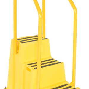 The Vestil Step Poly Nestable 3-Step Yl W/Handrails is a yellow, three-step platform with side handrails, black non-slip strips on each step, and cutout handles for enhanced safety and stability.