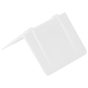 The MH-USA 2 1/2 x 2 white plastic strap guard, sold in cases of 1000, is rectangular with two folds that form a tent-like shape. It features smooth, minimalistic design elements on a plain white background that emphasize its clean lines and practical purpose.